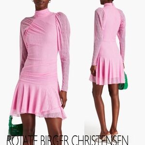 Rotate Birger ChristensenRuffled Jacquard Mini Dress Mesh Baby Pink Size US 6